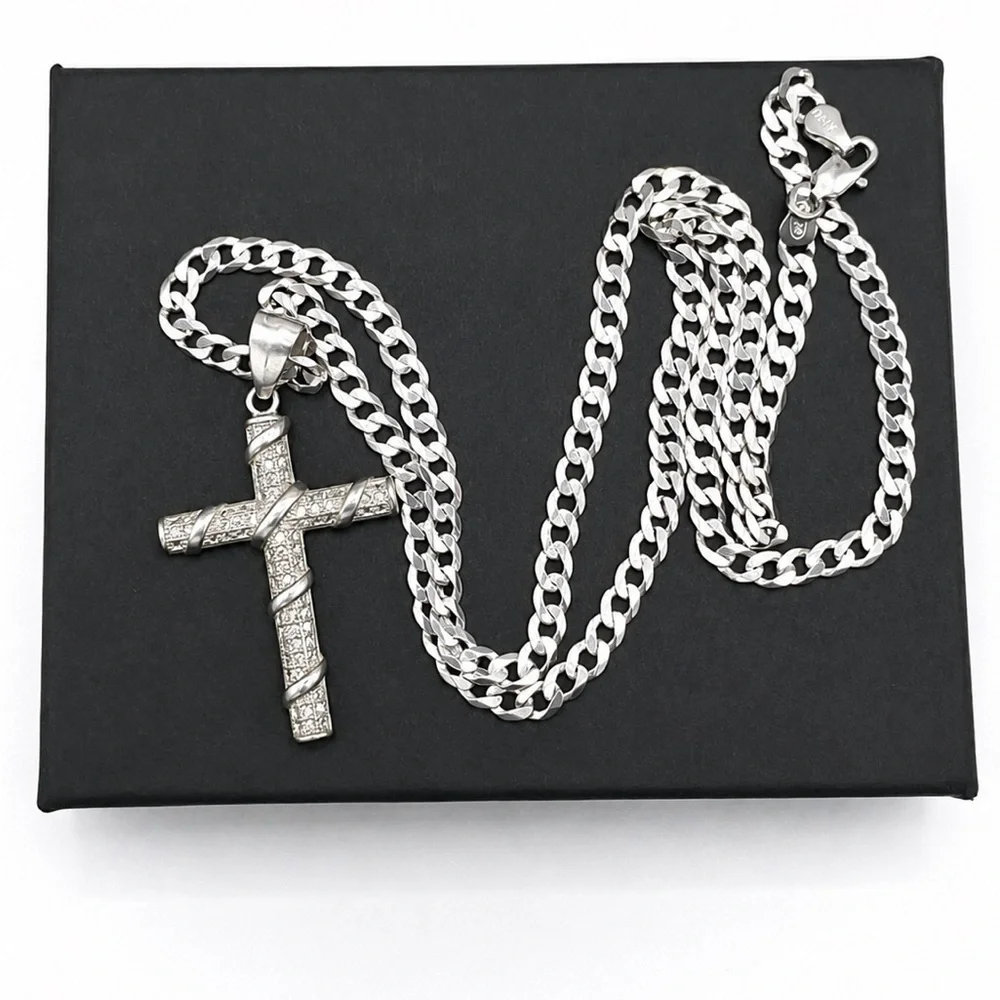 Silver Cuban Chain Necklace with Pave Cross Pendant 925 Sterling Silver 20”